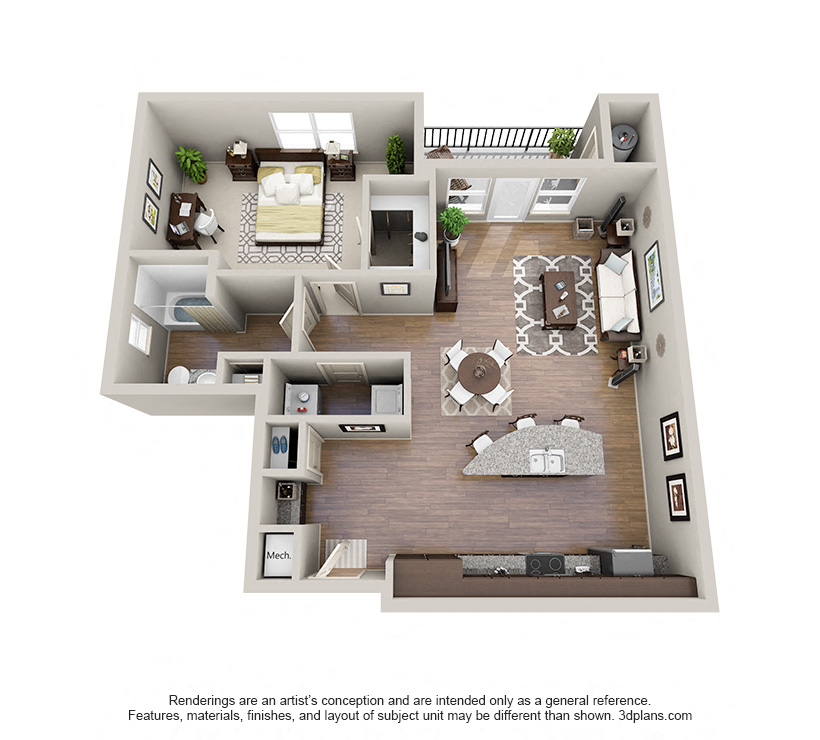 Floor plan for 1 bed, 1 bath, 955 sqft